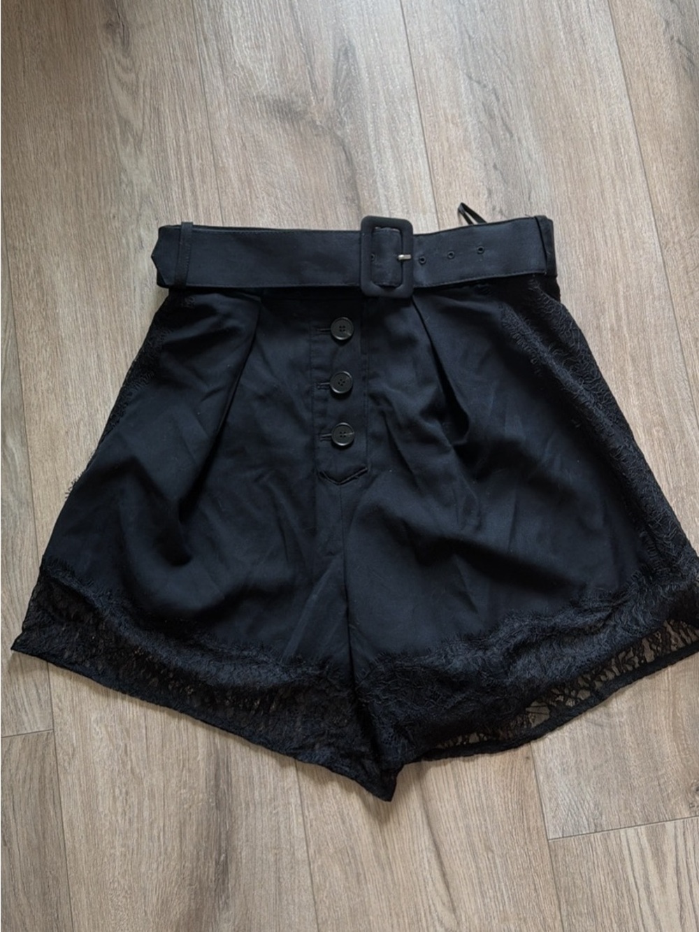 Self-Portrait Black High-Waist Lace-Trim Shorts with Belt